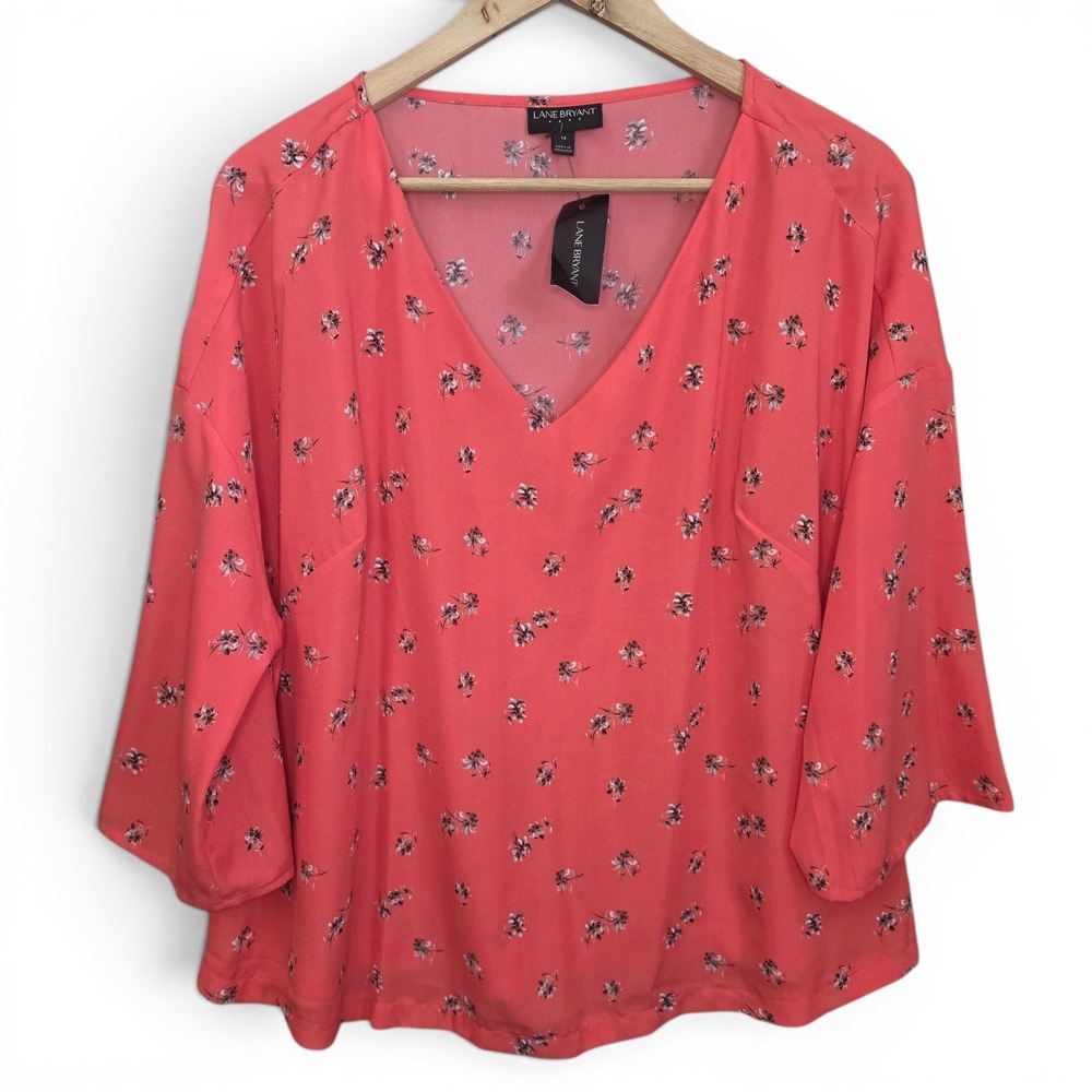 Lane Bryant Top Womens Plus 14 Pink Floral Print V Neck Blouse Crop Casual